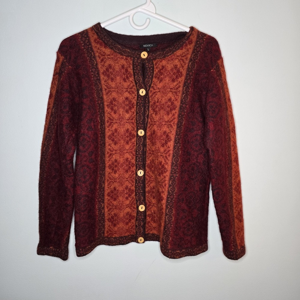 Novica 100% Alpaca Button Up Cardigan Sweater Red Womens L‎
